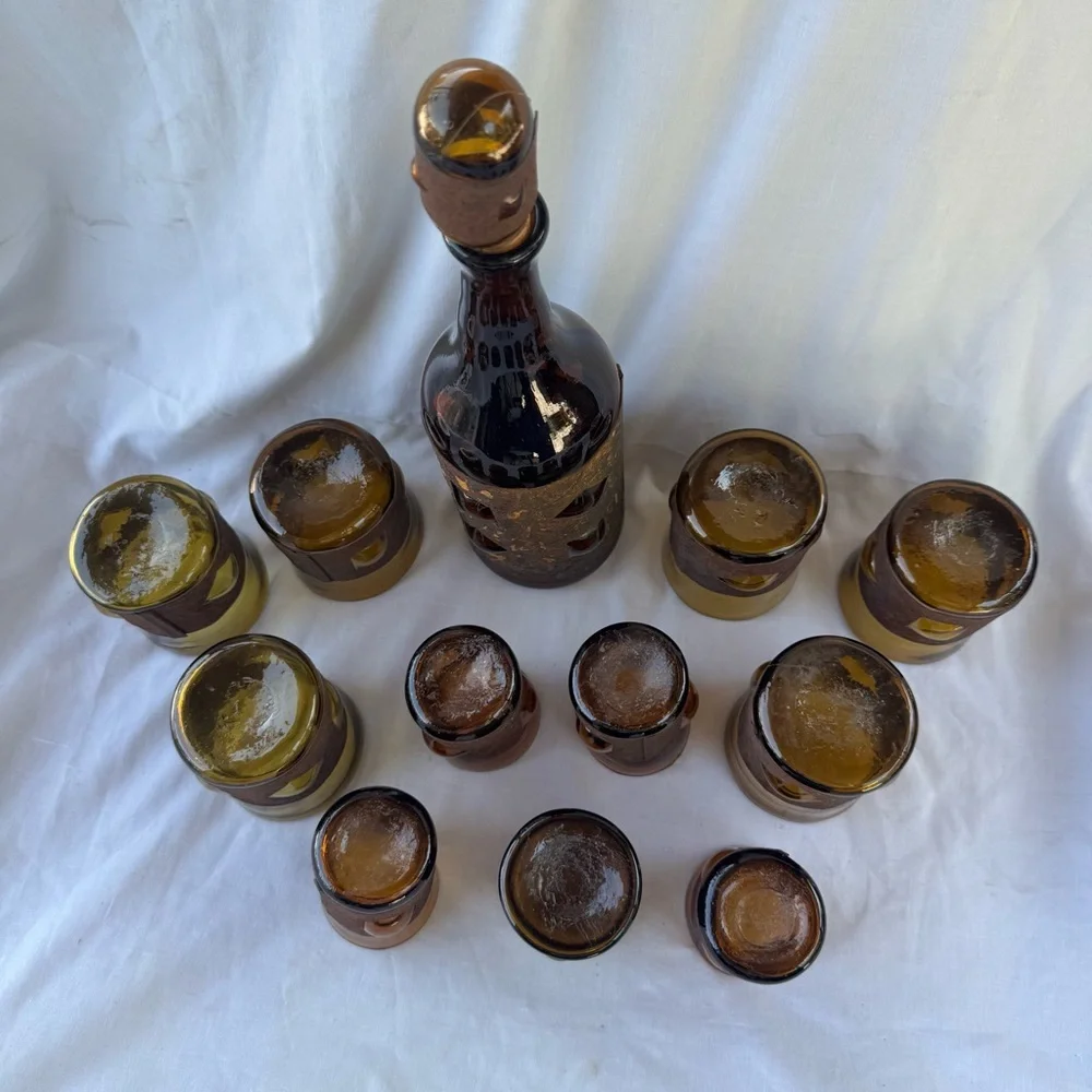 VINTAGE BRUTALIST FELIPE DERFLINGHER IMPRISONED GLASS DECANTER & GLASSES 12PCSET